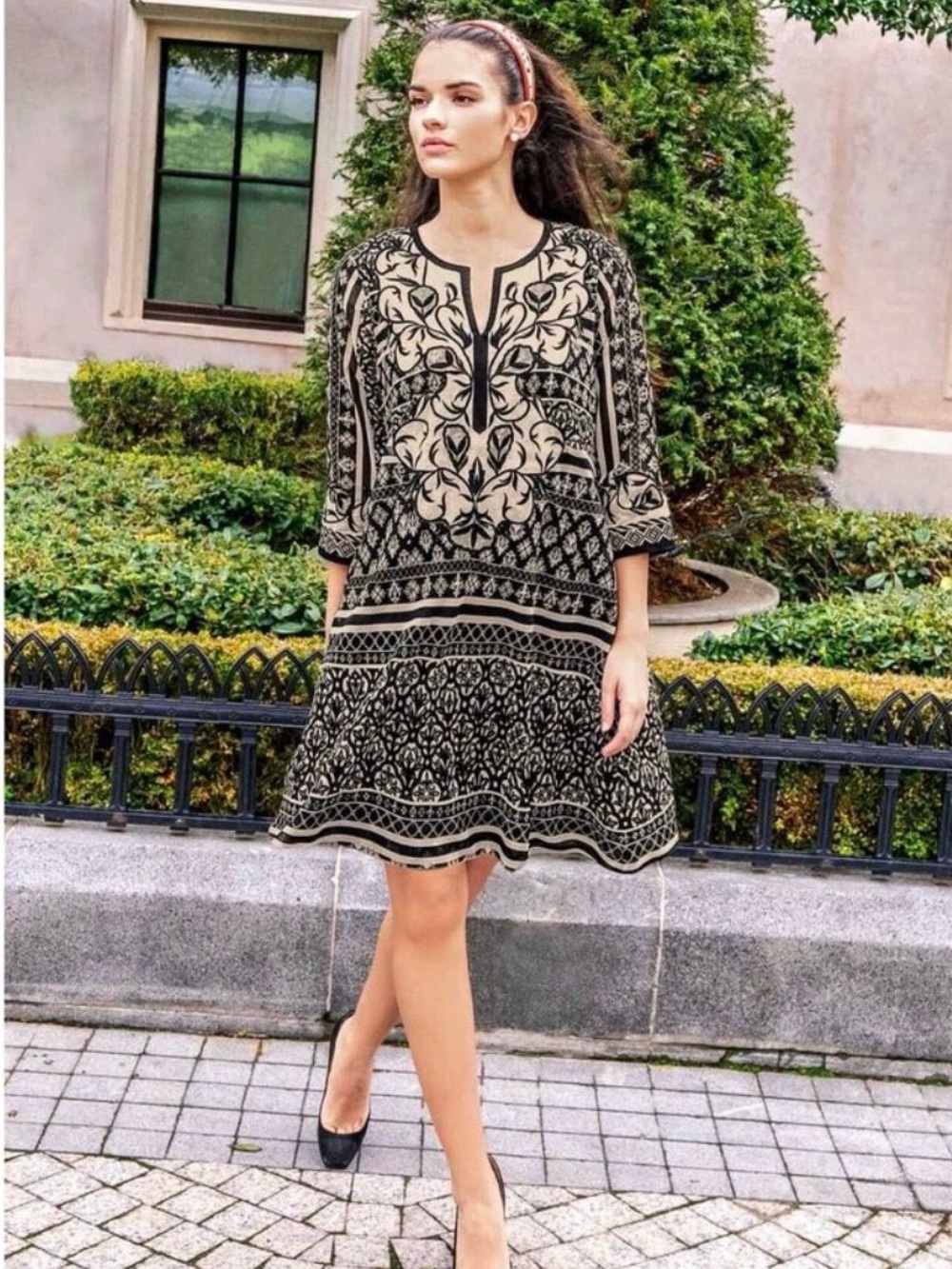 Gretchen Scott Printed Embroidered Shift Dress XL Black White Boho Tunic
